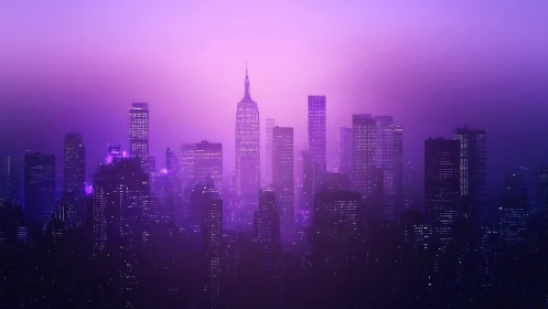 Neon skyline glows through misty purple urban dusk.