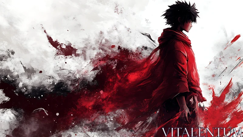 Side-profile anime warrior dissolves into red splatter field