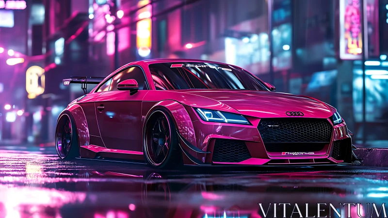Lowered pink sports car in neon city street at night.