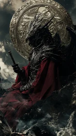 Armored figure seated before ornate circular relief.