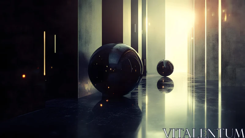 Luminous corridor with reflective black spheres at sunrise.