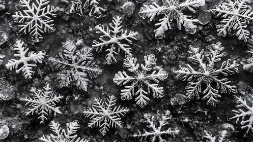 Macro view of detailed snowflakes on dark frozen surface.