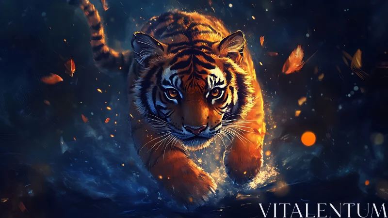 Fiery tiger charging through dark water in vivid light.