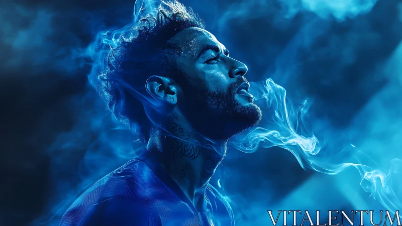 Side profile portrait shows male figure in blue smoke