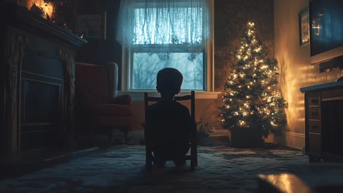 Child viewing illuminated Christmas tree in dim living room.