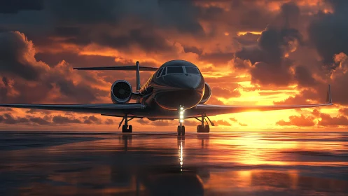 Sunlit luxury jet poised over reflective runway waters.