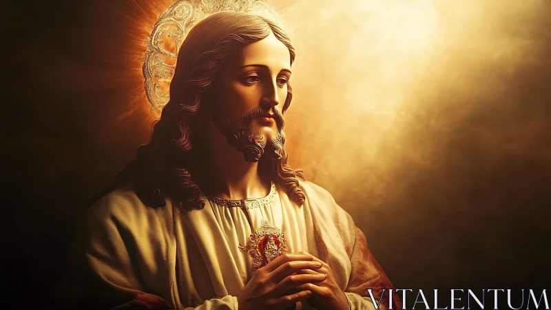 Golden-robed holy figure bathed in soft celestial radiance.