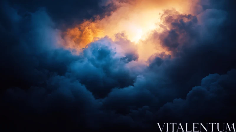 Fiery light bursts through brooding storm clouds in sky.