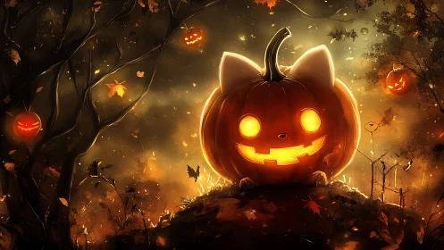 Glowing cat shaped jack o lantern in dark forest scene.