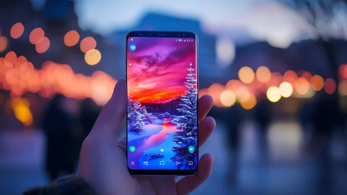 Hand-Held Smartphone Displaying Vibrant Winter Landscape