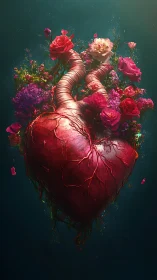 Anatomical Heart Blooming with Vibrant Roses Against Teal