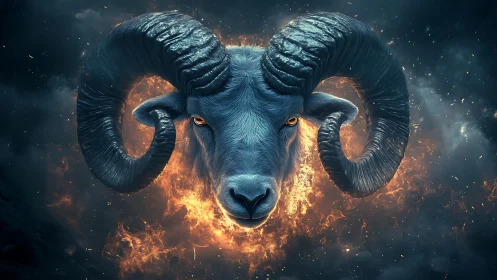Ram head with curled horns framed by circular fiery explosion