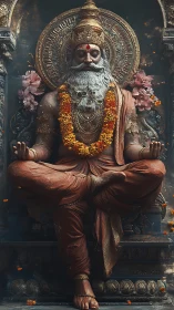 Lotus-throned sage king in marigold-swirled stillness.