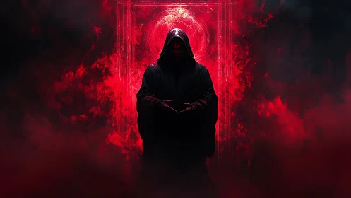 Hooded dark figure framed by glowing red infernal portal.