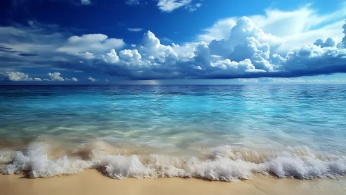 Hyperreal tropical shoreline under cumulonimbus sky study
