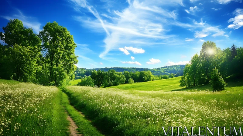 Sunlit meadow path winding through emerald hills and sky.
