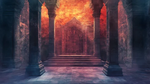 Ancient fiery throne hall glows with mystical crimson light