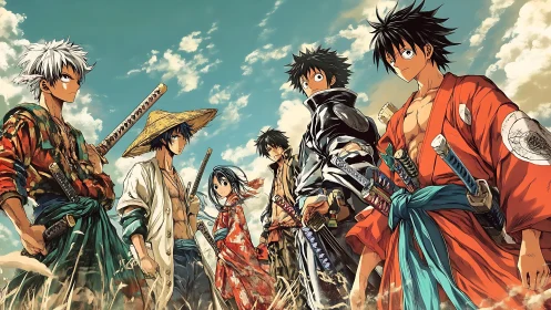 Samurai friends stand ready beneath wide open summer skies