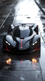 Midnight hypercar stalks rain-slick street like liquid obsidian