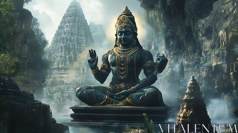 Colossal seated deity dominates mist-laden rock temple valley