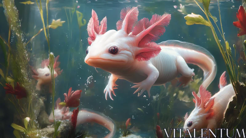 Photorealistic pink axolotl group in lush aquatic habitat.