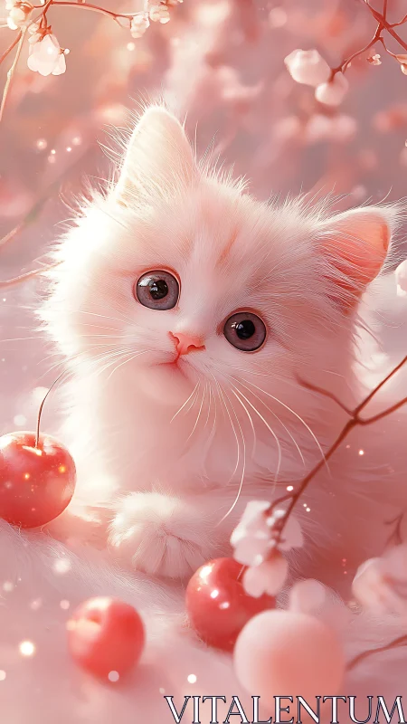 White Kitten Among Red Apples and Blossoms.