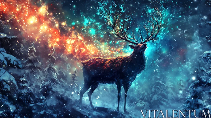 Stag with luminous antlers in dense snowy forest night.