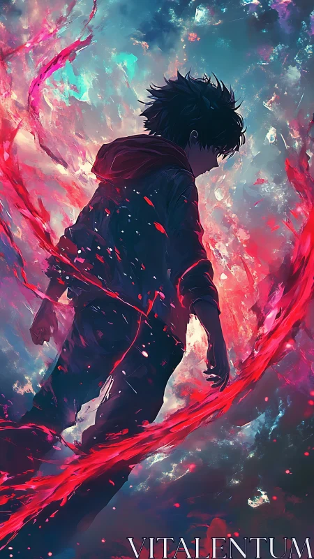 Silhouetted figure traverses abstract red and teal vortex field