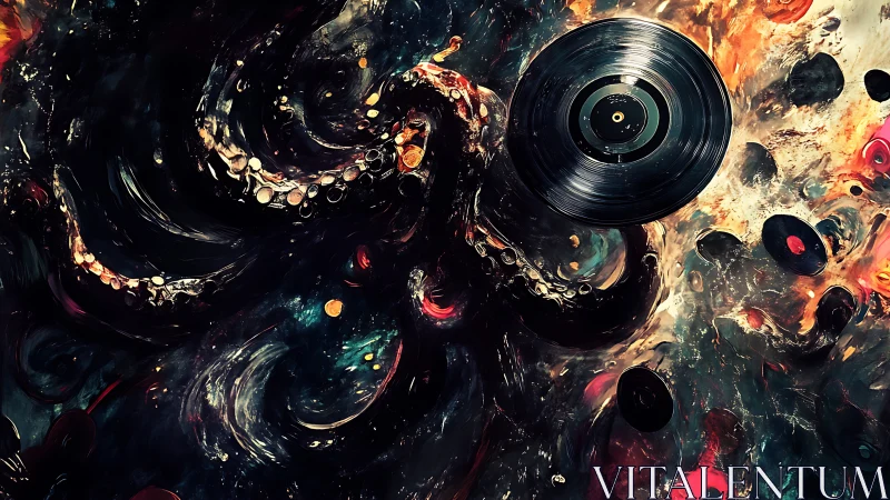 Vinyl records orbiting cosmic octopus in swirling nebula