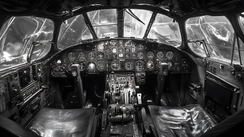 Vintage cockpit glow in monochrome aviation memoryscape.