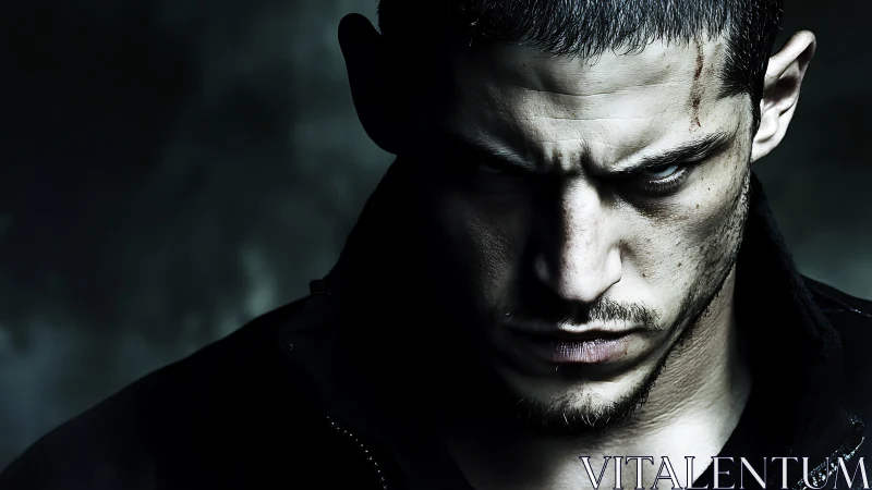 Brooding scarred man stares down camera in harsh low key