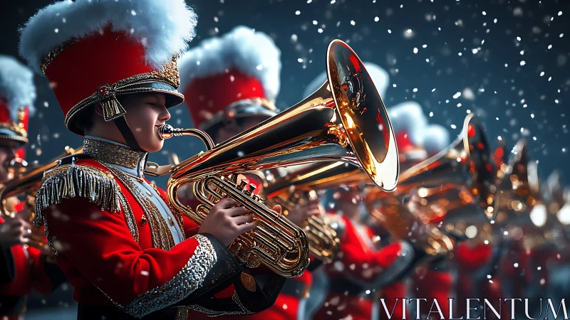 Snowfall illuminates marching band brass with precise depth of field