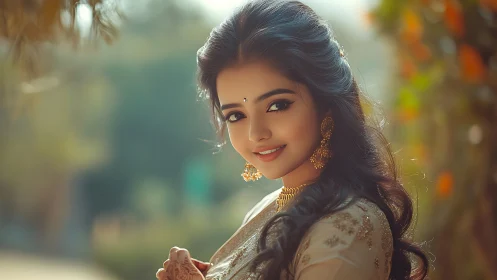 Portrait of woman in traditional attire outdoors at dusk.