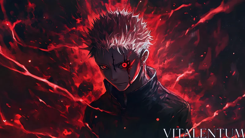 Demonic anime warrior radiates violent crimson energy field.
