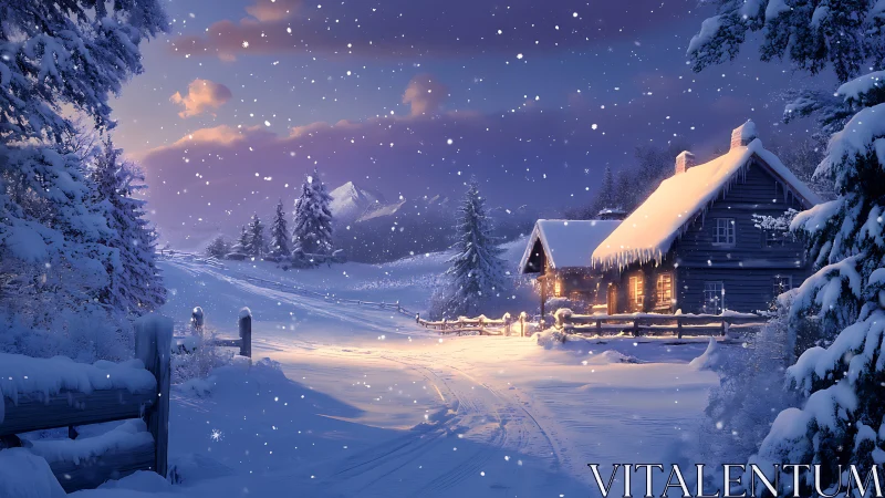 Snow-covered cabin and forest under evening winter sky