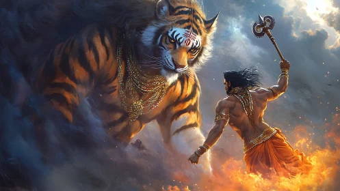 Colossal tiger deity bends storm and flame toward a lone warrior