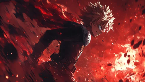 Explosive anime hero strides through incandescent debris field