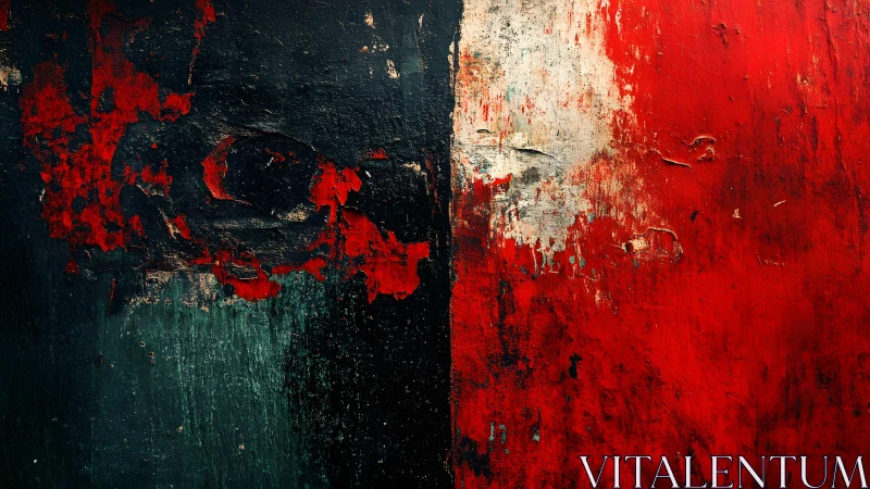 Abstract textured wall with peeling red paint in grunge style.