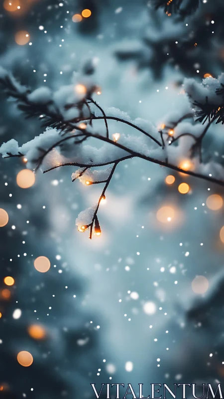 Snowy fir branch glows softly with golden winter lights