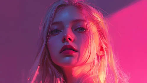 Neon sunrise halo around a luminous, contemplative gaze.