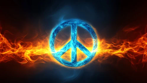Electric peace emblem ignites in twin streams of elemental fire.