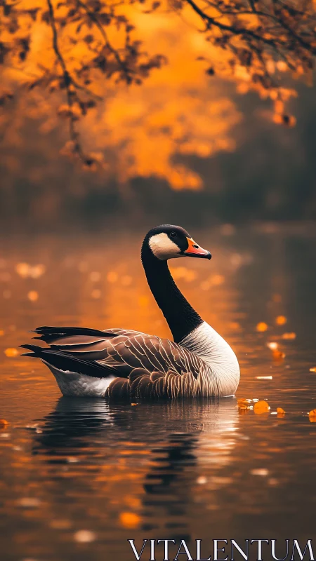 Graceful autumn goose drifting on a golden quiet lake.