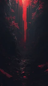 Crimson chasm corridor glows beneath a distant burning sky