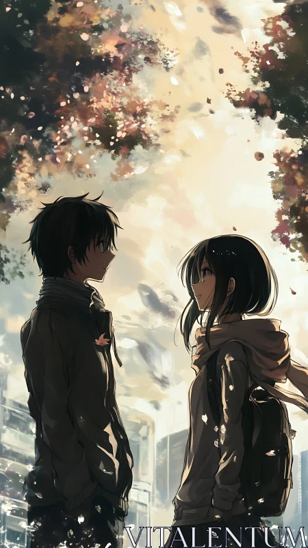 Anime cityscape rendezvous under diffused bokeh foliage light.