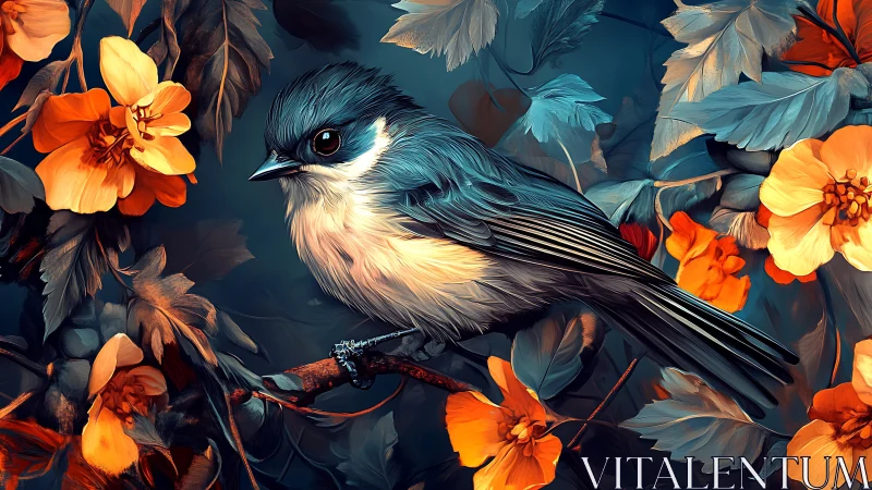 Blue songbird perched among orange flowers, digital art style.
