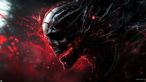 Cyber-organic skull dissolves into red energy and shadow