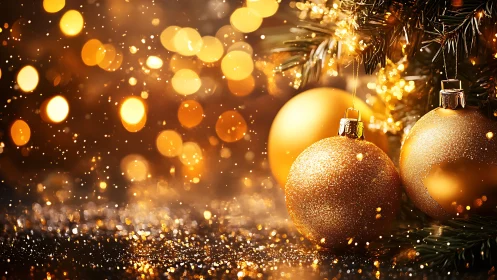Golden Christmas baubles glow amid defocused festive lights