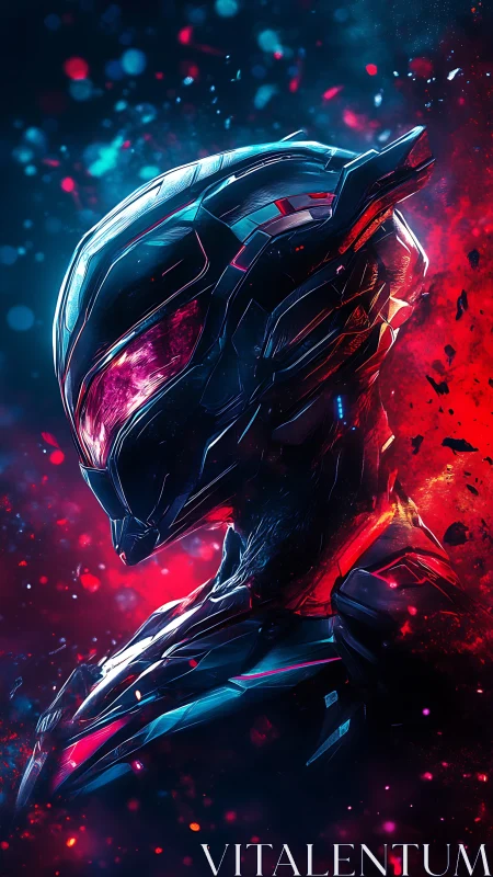 Neon-lit cybernetic exosuit portrait shows emissive armor geometry