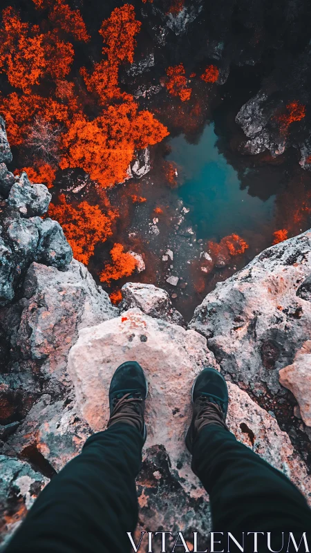 Person standing on cliff edge above vivid canyon pool.