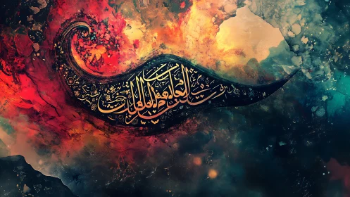 Arabic calligraphy curves across cosmic nebula textures